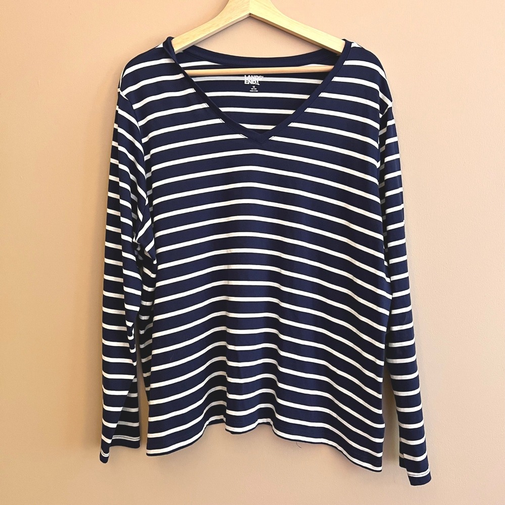 Lands End Womens 1X Navy White Striped Long Sleeve Nautical Coastal Cotton Shirt